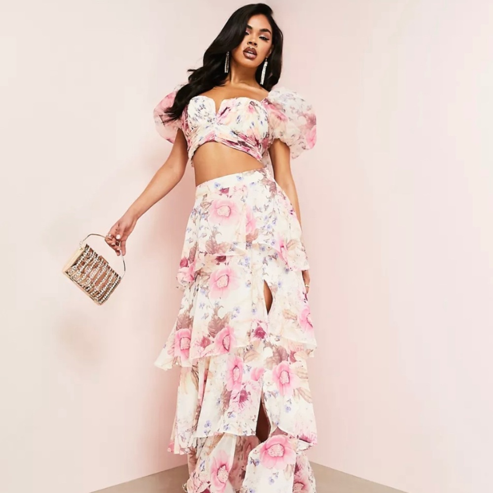 ASOS LUXE ruched wrap tiered maxi skirt in floral print - part of a set